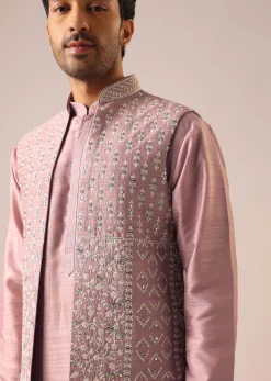 Pink Jacket And Kurta Set with Cutwork Detail