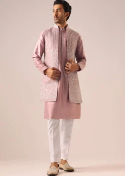 Pink Jacket And Kurta Set with Cutwork Detail