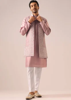 Pink Jacket And Kurta Set with Cutwork Detail
