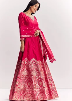 Pink Jacquard Silk Anarkali Suit With Dupatta