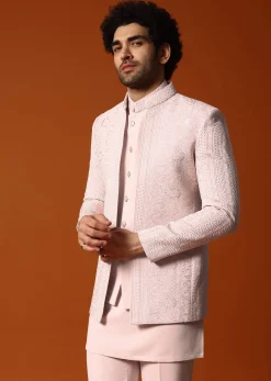Pink Jodhpuri Set In Resham Work For Men