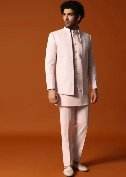 Pink Jodhpuri Set In Resham Work For Men
