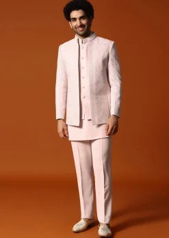 Pink Jodhpuri Set In Resham Work For Men