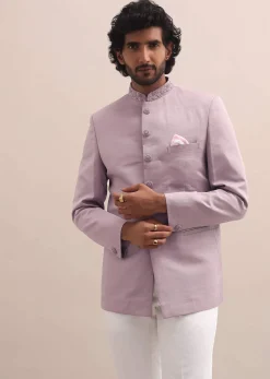 Pink Jodhpuri Suit With Embroidered Collar For Men