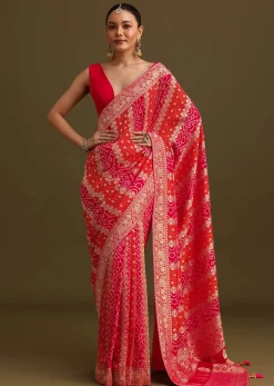 Pink Khaddi Georgette Saree With Gotta Patti Border And Unstitched Blouse