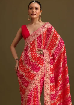 Pink Khaddi Georgette Saree With Gotta Patti Border And Unstitched Blouse