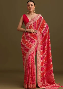 Pink Khaddi Georgette Saree With Gotta Patti Border And Unstitched Blouse