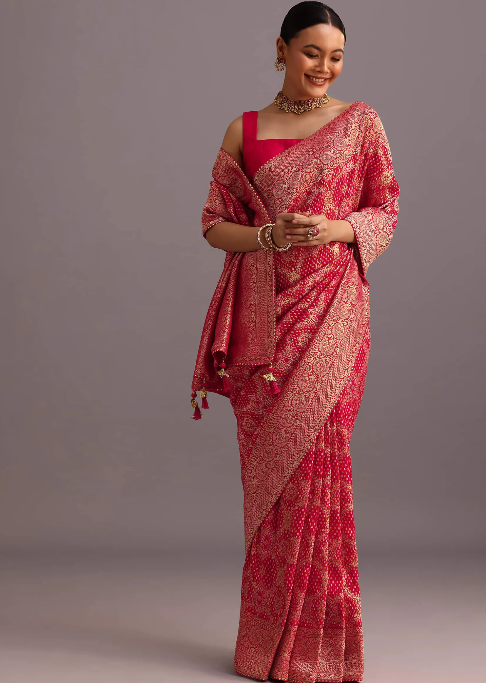 Pink Khaddi Georgette Woven Saree With Gotta Patti Border
