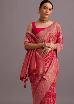Pink Khaddi Georgette Woven Saree With Gotta Patti Border
