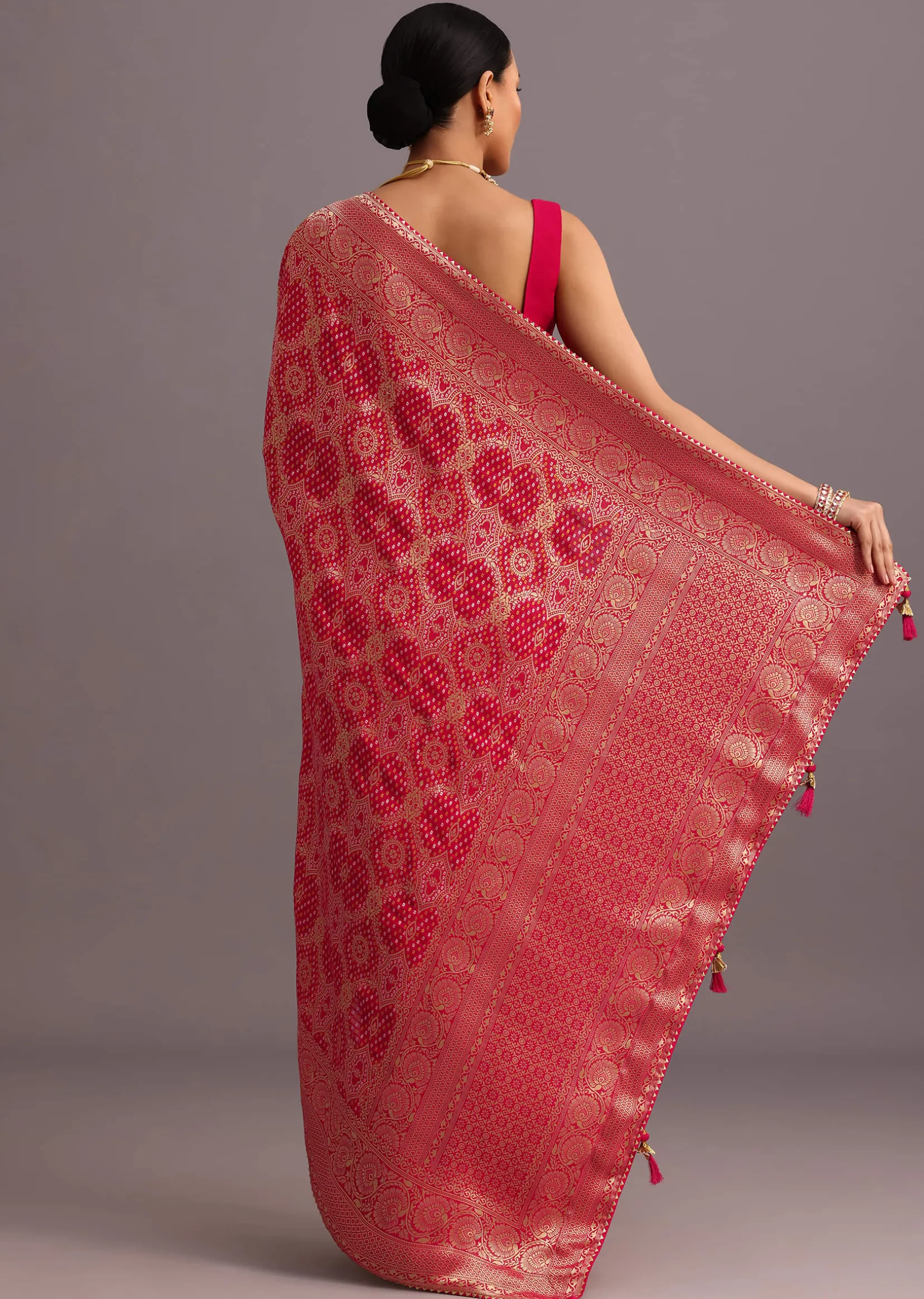Pink Khaddi Georgette Woven Saree With Gotta Patti Border