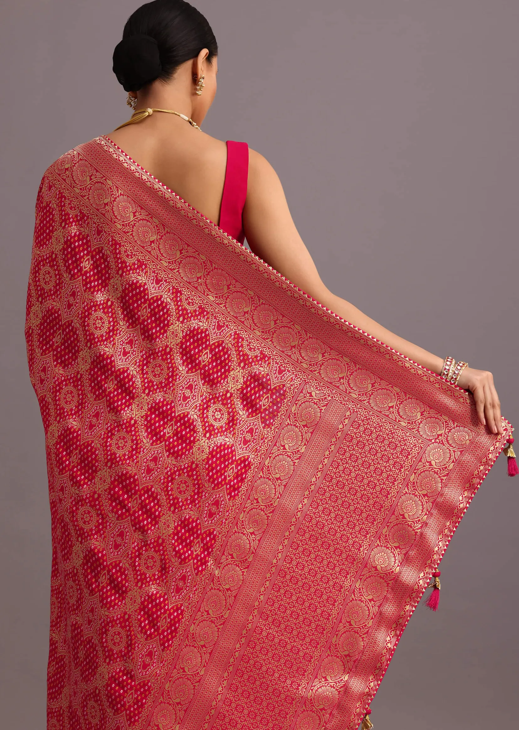 Pink Khaddi Georgette Woven Saree With Gotta Patti Border