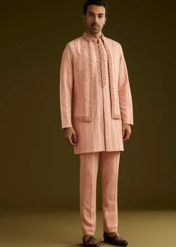 Pink Knit Kurta Jacket Set With Moti Work
