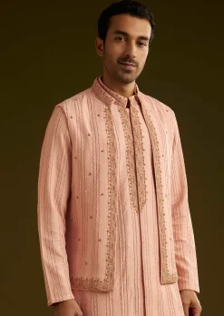 Pink Knit Kurta Jacket Set With Moti Work