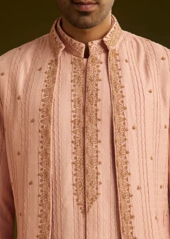 Pink Knit Kurta Jacket Set With Moti Work