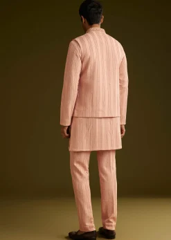 Pink Knit Kurta Jacket Set With Moti Work