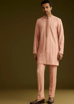 Pink Knit Kurta Jacket Set With Moti Work