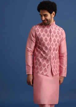 Pink Kurta Jacket Set With Dori Work And Stone Embroidery
