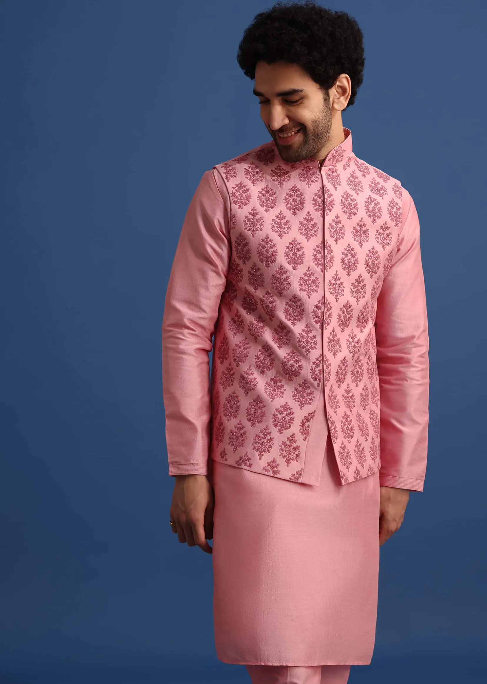 Pink Kurta Jacket Set With Dori Work And Stone Embroidery