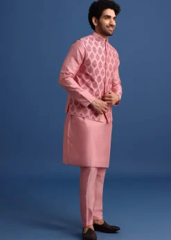 Pink Kurta Jacket Set With Dori Work And Stone Embroidery