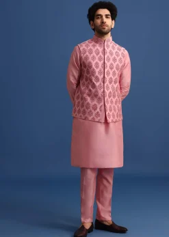 Pink Kurta Jacket Set With Dori Work And Stone Embroidery