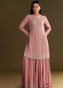 Pink Kurta Set With Embroidered Palazzo And Sequins Dupatta