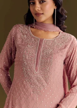 Pink Kurta Set With Embroidered Palazzo And Sequins Dupatta