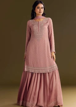 Pink Kurta Set With Embroidered Palazzo And Sequins Dupatta