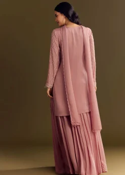 Pink Kurta Set With Embroidered Palazzo And Sequins Dupatta