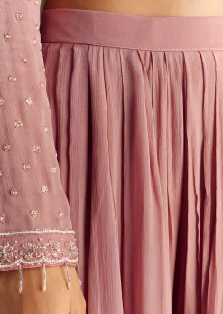 Pink Kurta Set With Embroidered Palazzo And Sequins Dupatta