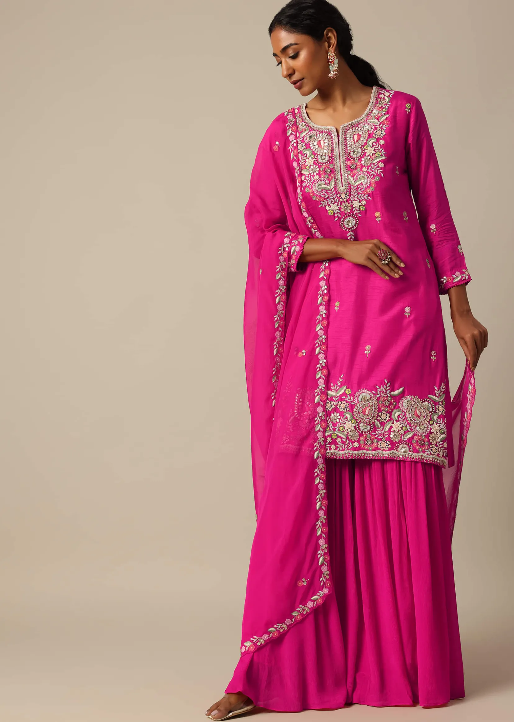 Pink Kurta Sharara Set With Resham Work