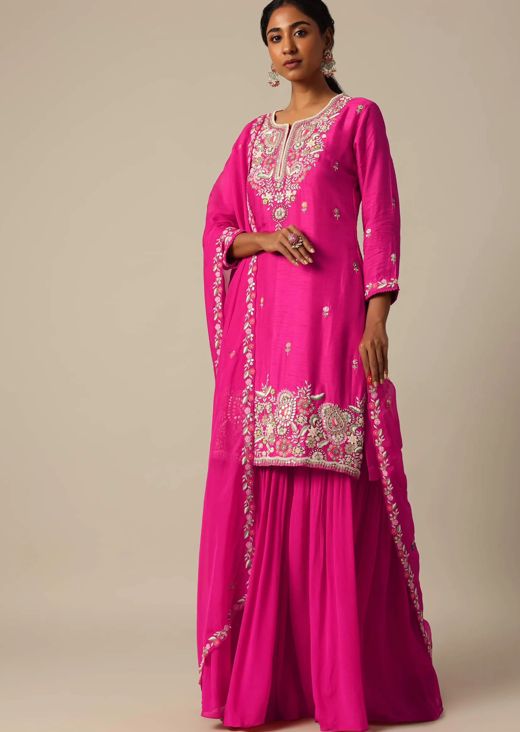 Pink Kurta Sharara Set With Resham Work