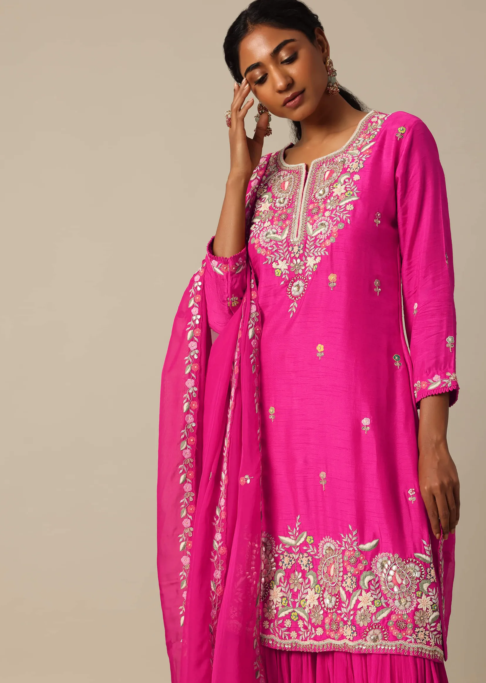 Pink Kurta Sharara Set With Resham Work