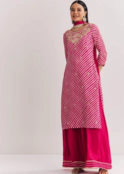 Pink Leheriya Zardosi Work Kurta Palazzo Suit