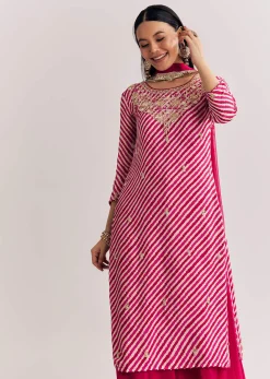 Pink Leheriya Zardosi Work Kurta Palazzo Suit