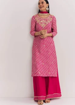 Pink Leheriya Zardosi Work Kurta Palazzo Suit