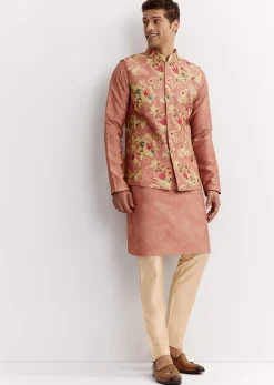 Pink Linen Floral Printed Jacket Kurta Set With Sequins