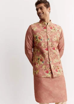 Pink Linen Floral Printed Jacket Kurta Set With Sequins