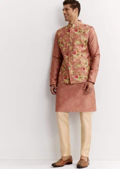 Pink Linen Floral Printed Jacket Kurta Set With Sequins