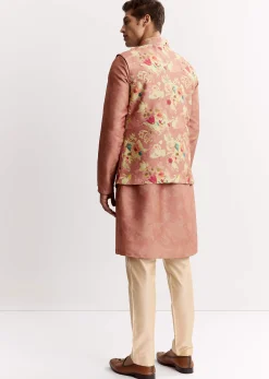 Pink Linen Floral Printed Jacket Kurta Set With Sequins