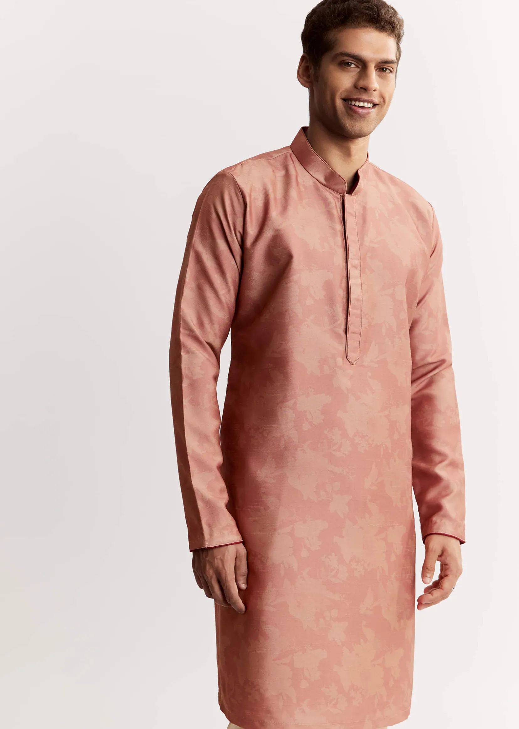 Pink Linen Floral Printed Jacket Kurta Set With Sequins