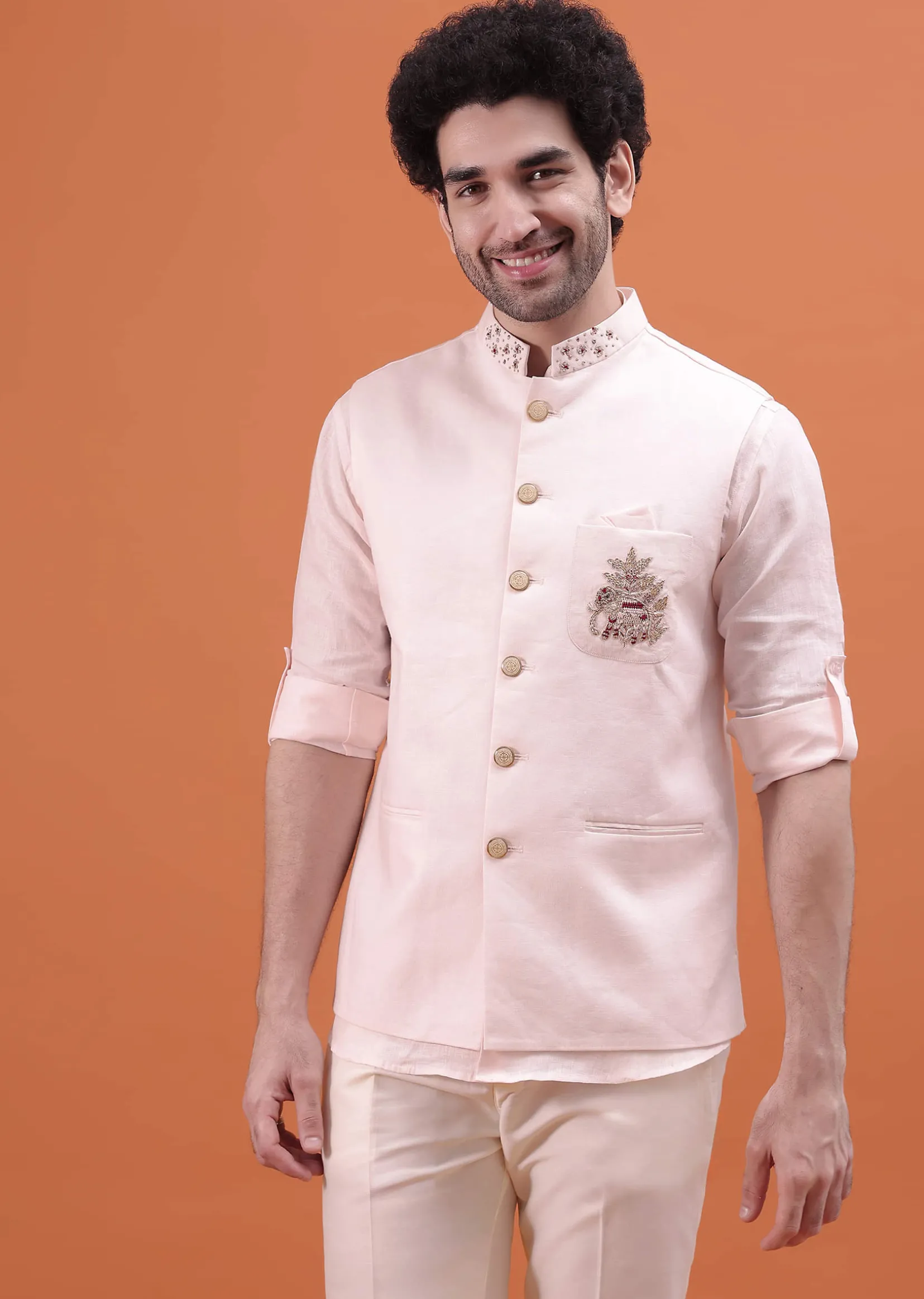 Pink Linen Kurta And Embroidered Jacket For Men