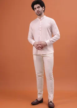 Pink Linen Kurta And Embroidered Jacket For Men