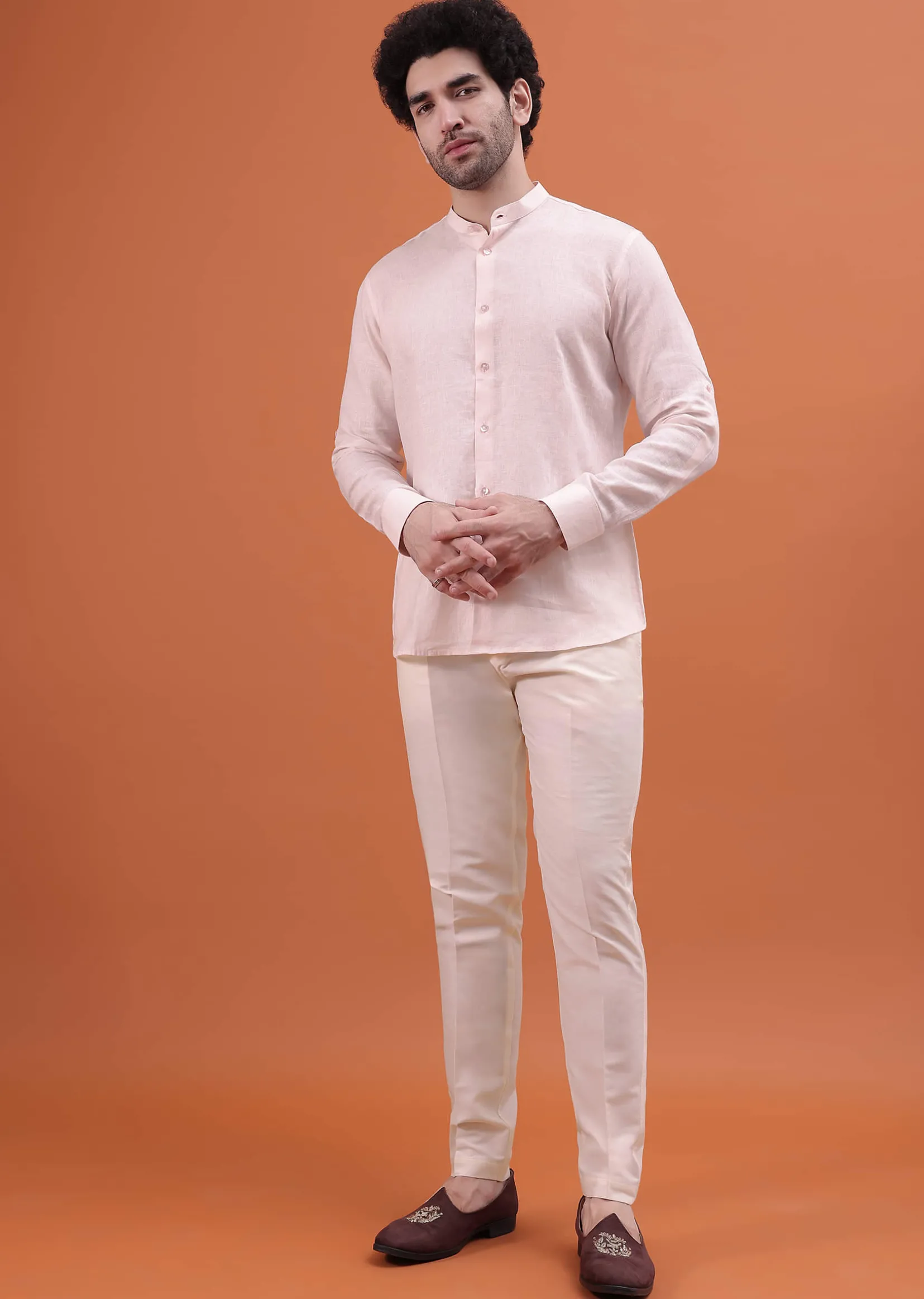 Pink Linen Kurta And Embroidered Jacket For Men