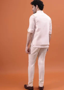 Pink Linen Kurta And Embroidered Jacket For Men