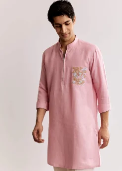 Pink Linen Kurta Set With Embroidery