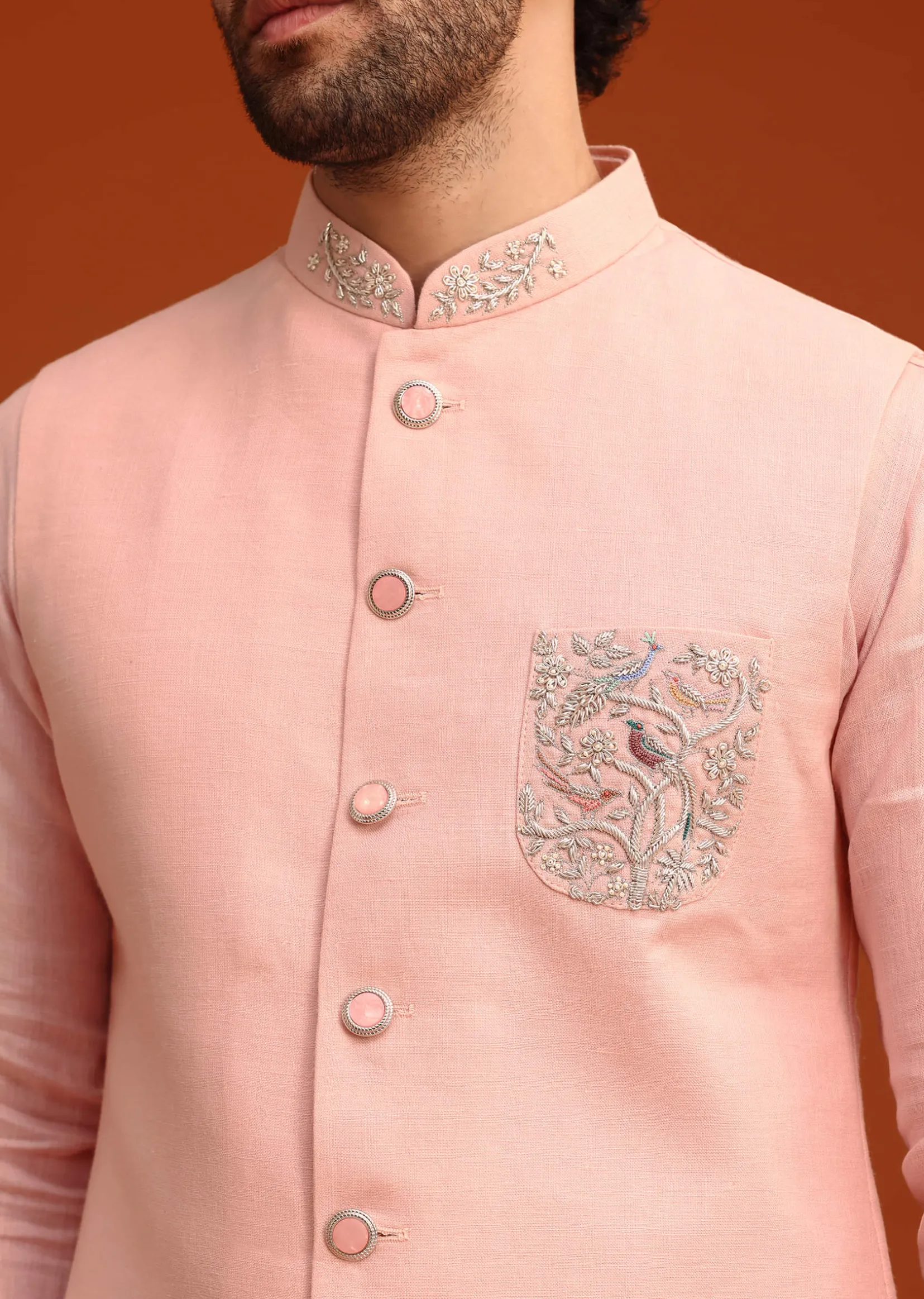 Pink Linen Zardosi Kurta Jacket Set
