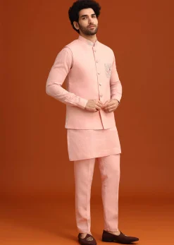 Pink Linen Zardosi Kurta Jacket Set