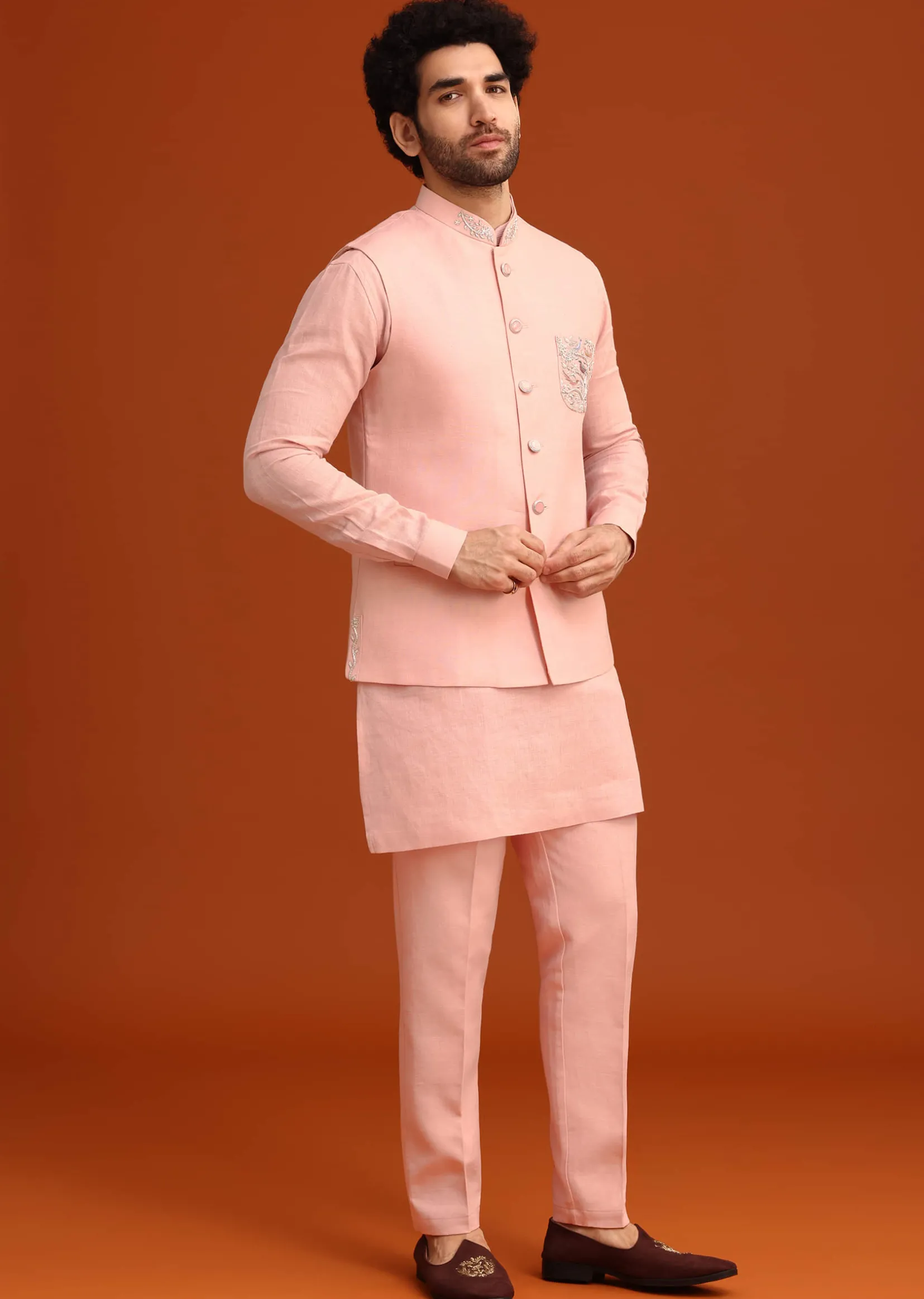Pink Linen Zardosi Kurta Jacket Set