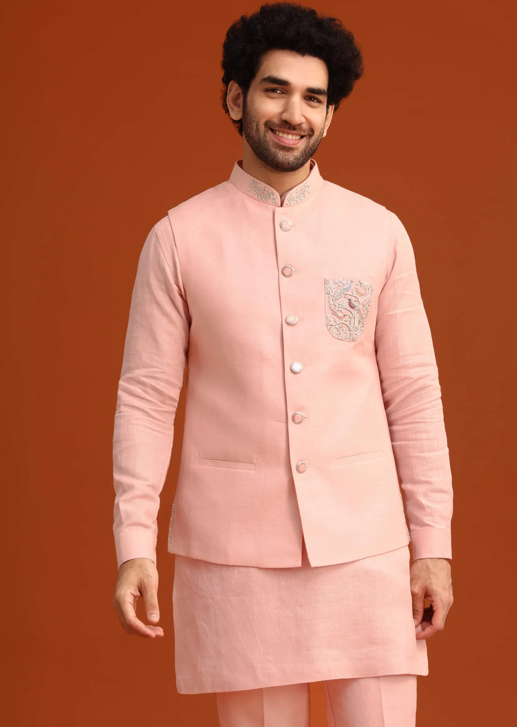 Pink Linen Zardosi Kurta Jacket Set