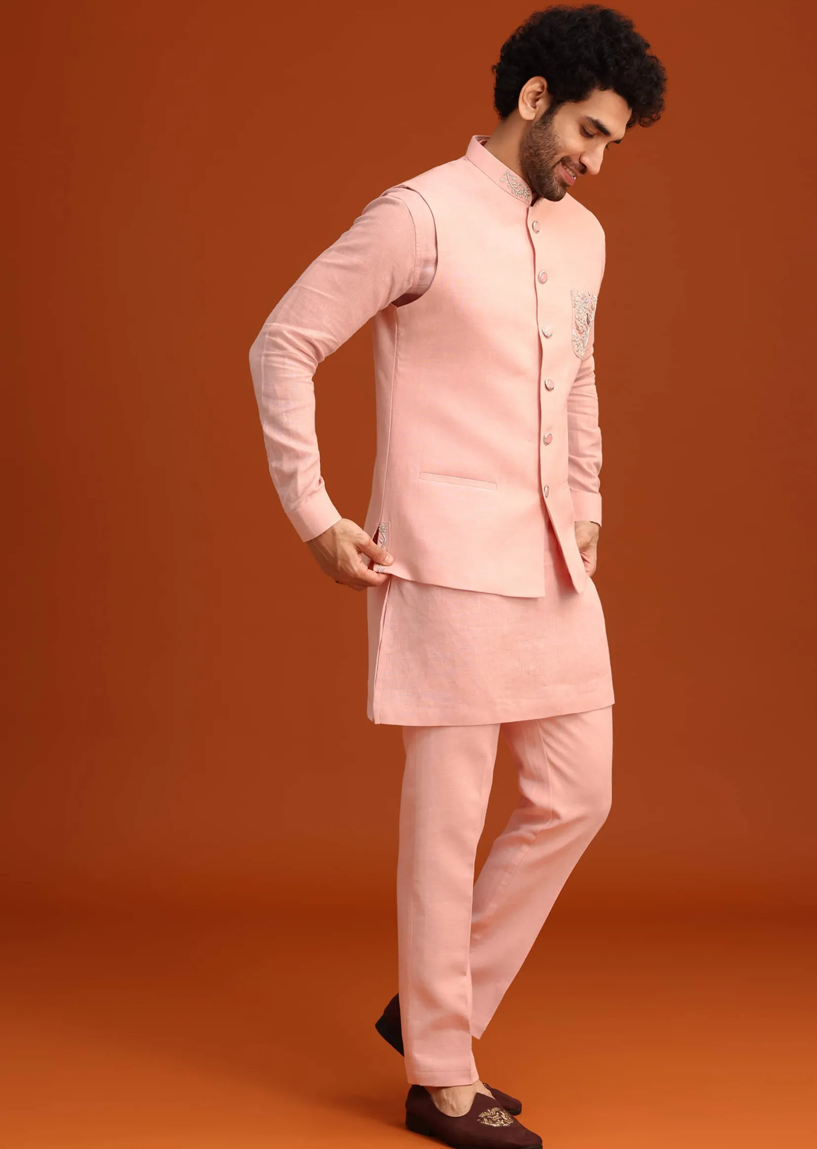 Pink Linen Zardosi Kurta Jacket Set
